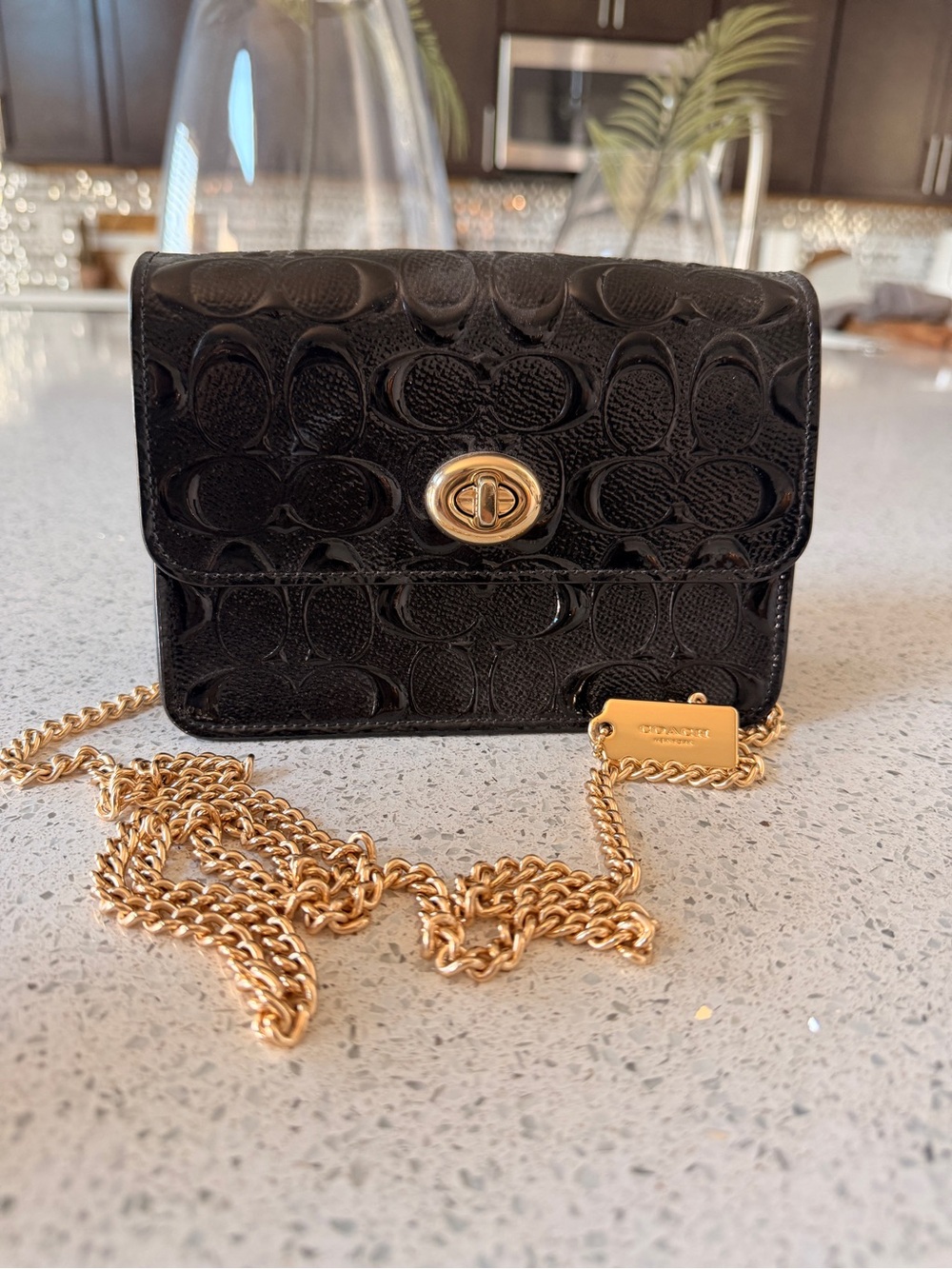 Coach Black Patent Signature Crossbody with Gold Chain Strap